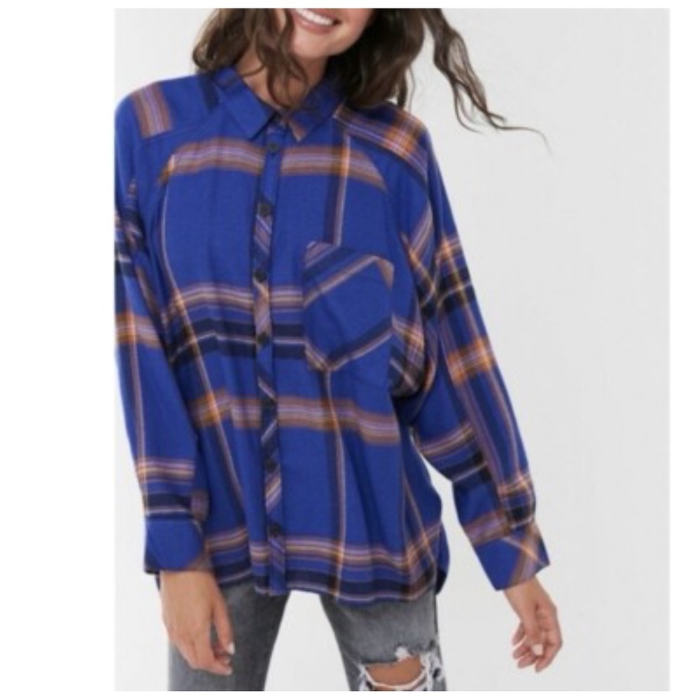 Urban Outfitters Blue Plaid Button Front Shirt M Oversized Flannel Top
